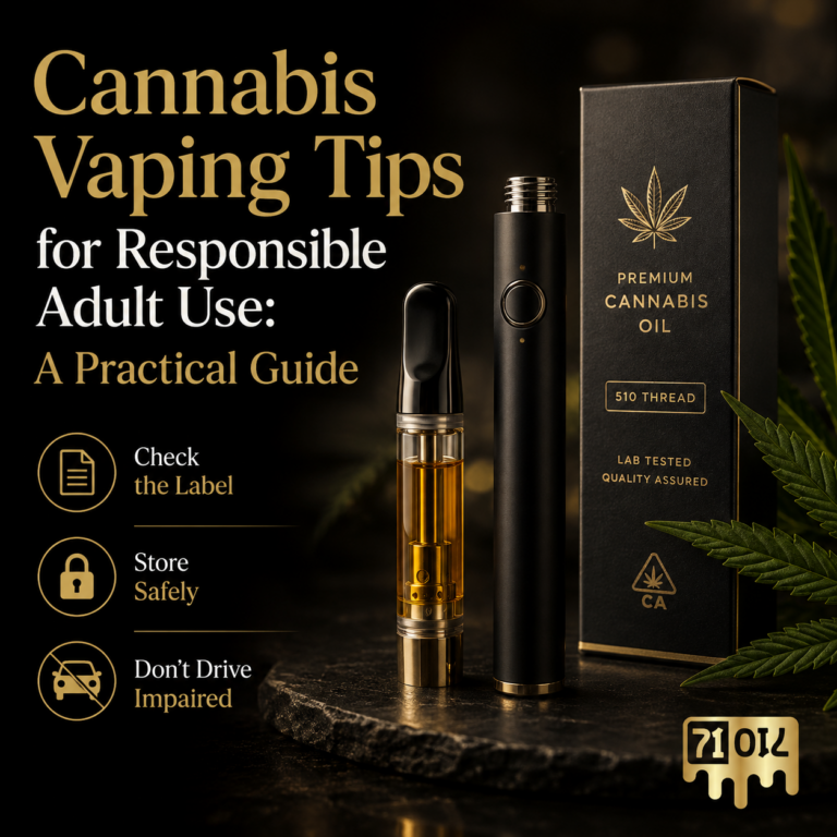Cannabis vape cartridge, 510-thread battery, and packaging with responsible adult-use reminders to check labels, store securely, and avoid impaired driving