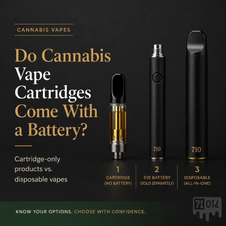Comparison infographic showing cartridge-only vape, cartridge and battery kit, proprietary pod system, and disposable all-in-one cannabis vape formats.