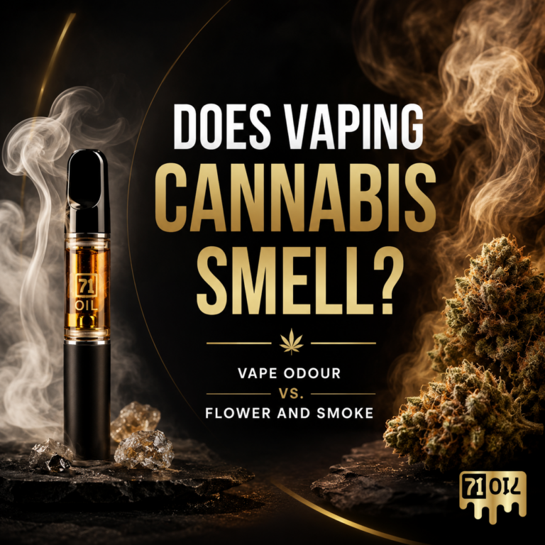 Cannabis vape beside cannabis flower comparing vape odour with flower smoke
