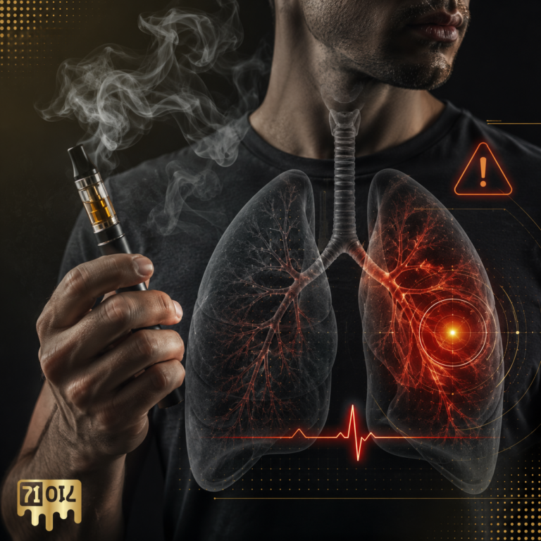 Adult holding a cannabis vape device with highlighted lungs and warning symbol to illustrate early signs of lung problems after vaping cannabis