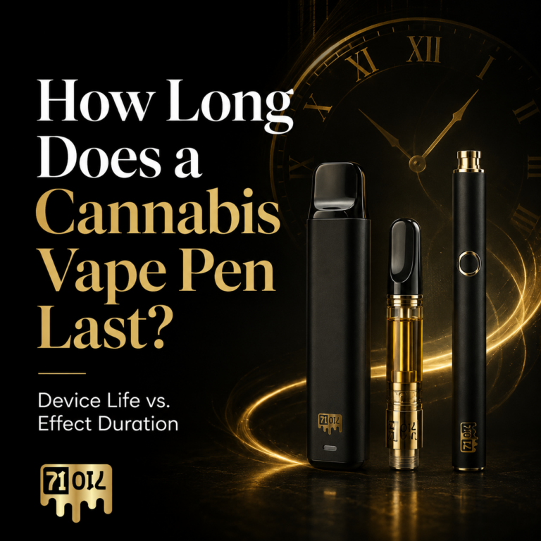 Cannabis vape lifespan featured image showing a disposable vape pen, 510 cartridge, and vape battery beside a clock to illustrate device life and effect duration