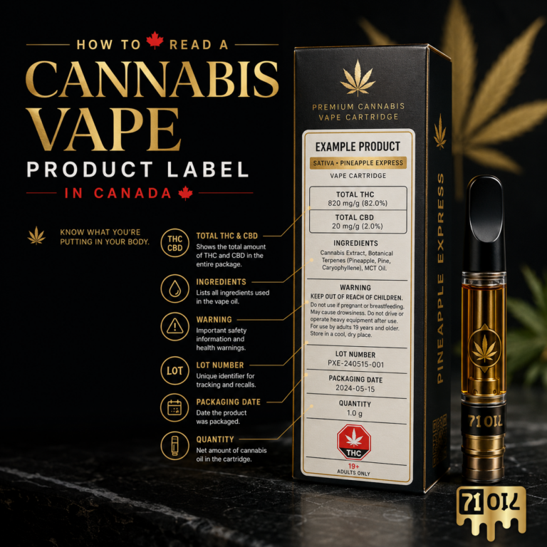 Canadian cannabis vape product label showing Total THC, Total CBD, ingredients, warnings, lot number and packaging date