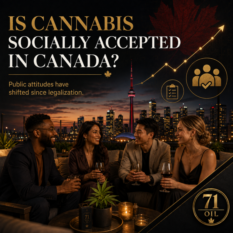 Canadian adults with a Toronto skyline and data graphics illustrating changing cannabis social acceptance since legalization