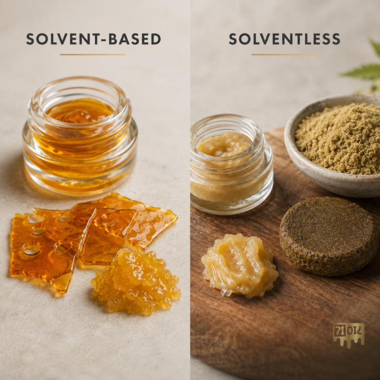 Solvent-based and solventless cannabis concentrates shown side by side for comparison Title: Solvent-Based vs. Solventless Cannabis Concentrates