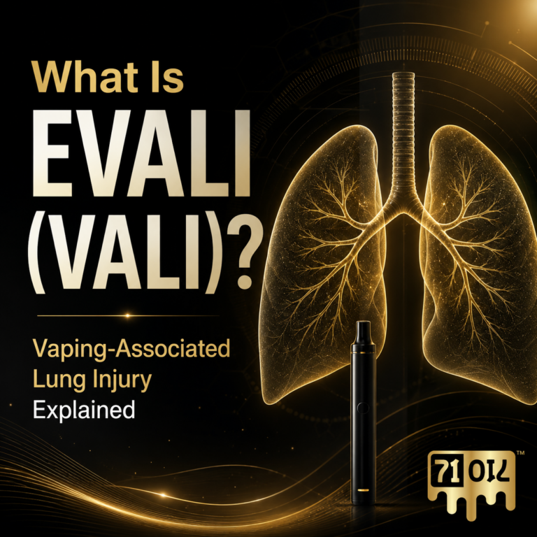 Black-and-gold 71 Oil featured image showing a glowing lung illustration, a subtle vape device silhouette, and the headline What Is EVALI (VALI)? Vaping-Associated Lung Injury Explained.