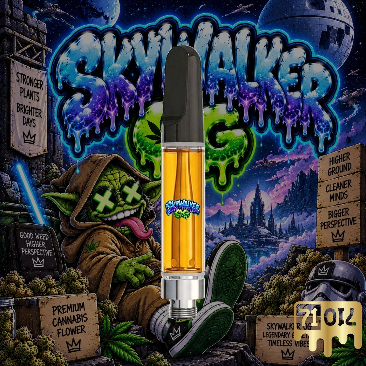 Skywalker OG THC vape cartridge with golden oil and blue space themed artwork