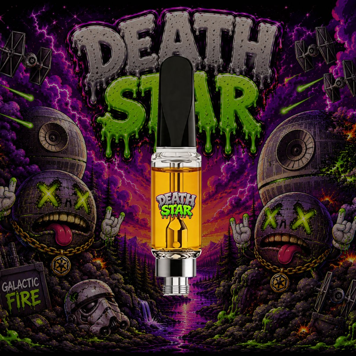 71oil Death Star vape cartridge with golden oil and galactic cannabis strain artwork.