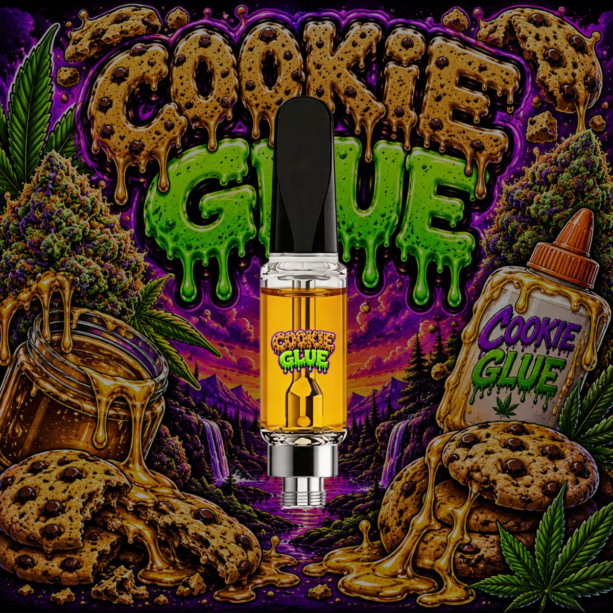 71oil Cookie Glue vape cartridge with golden oil and cookie cannabis strain artwork.