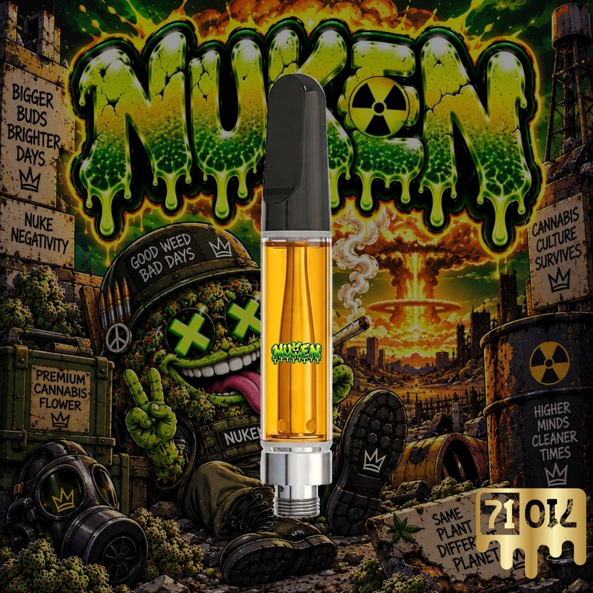 Nuken THC vape cartridge with golden oil and green radioactive themed artwork