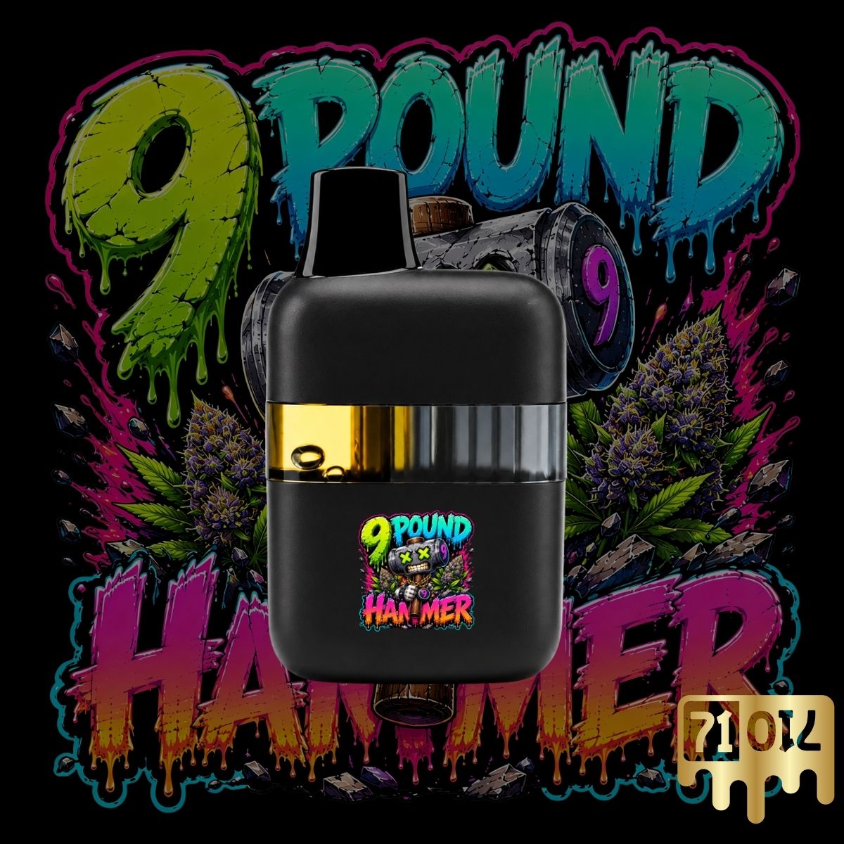 71oil 9 Pound Hammer vape pen with black device and colorful strain artwork.