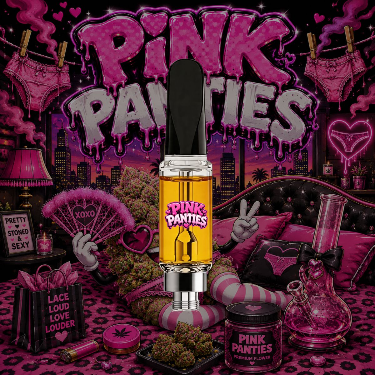 71oil Pink Panties vape cartridge with golden oil and vibrant pink cannabis strain artwork.