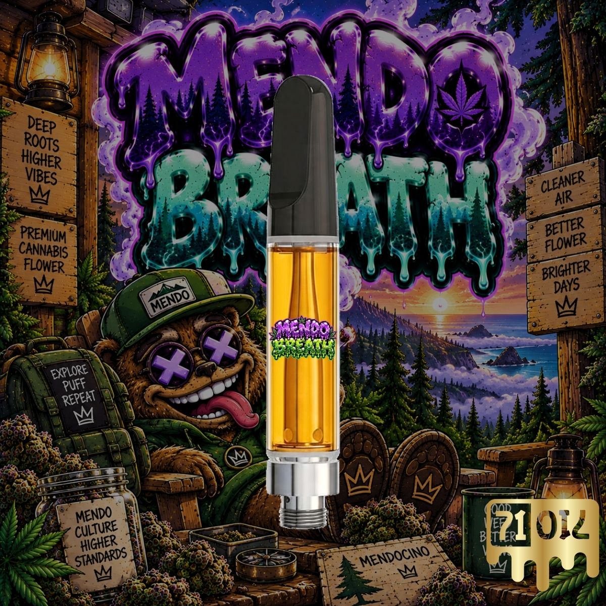 Mendo Breath THC vape cartridge with golden oil and purple mountain artwork