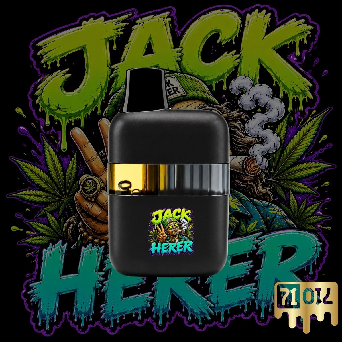 71oil Jack Herer vape pen with black device and cannabis-themed artwork.