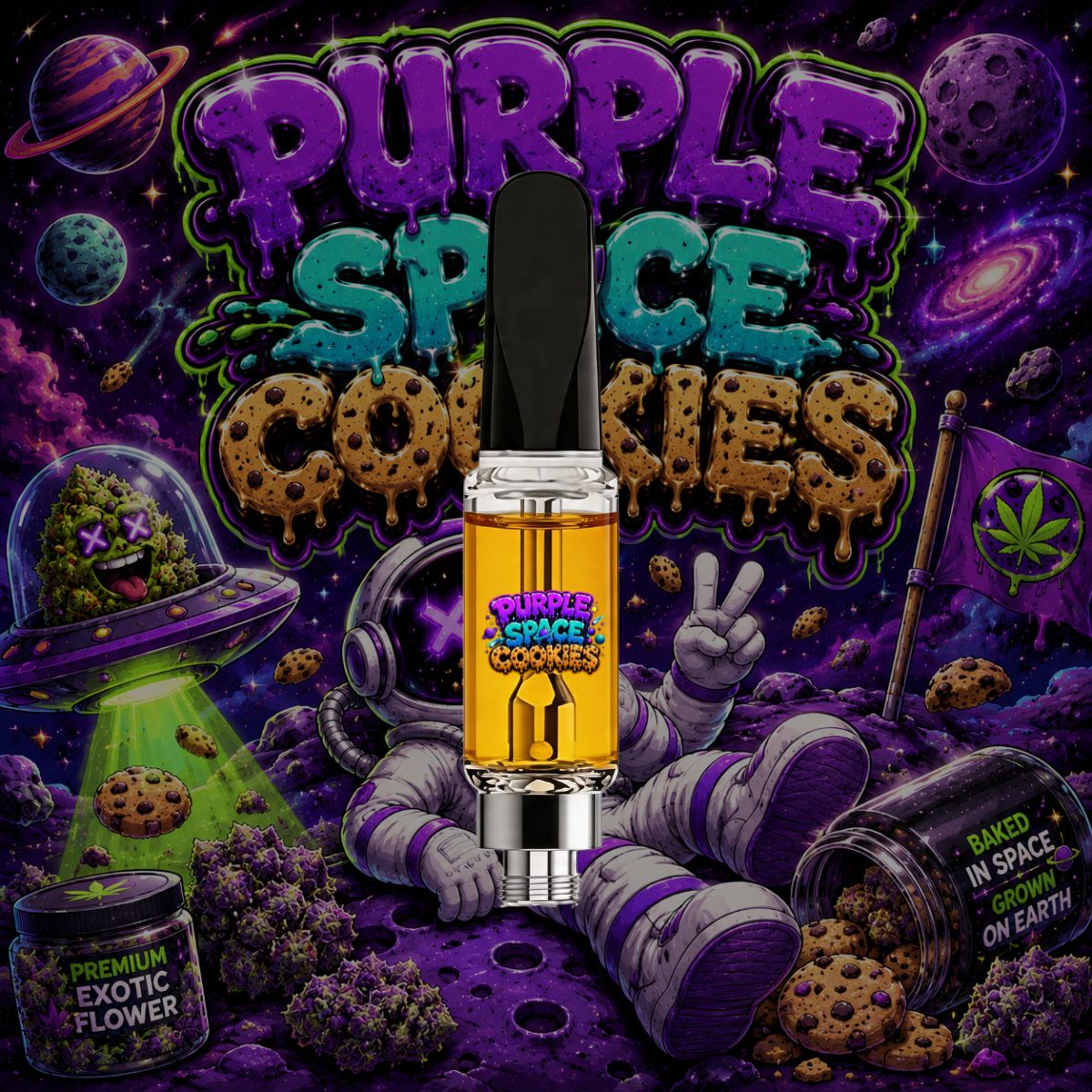 71oil Purple Space Cookies vape cartridge with golden oil and cosmic cannabis artwork.