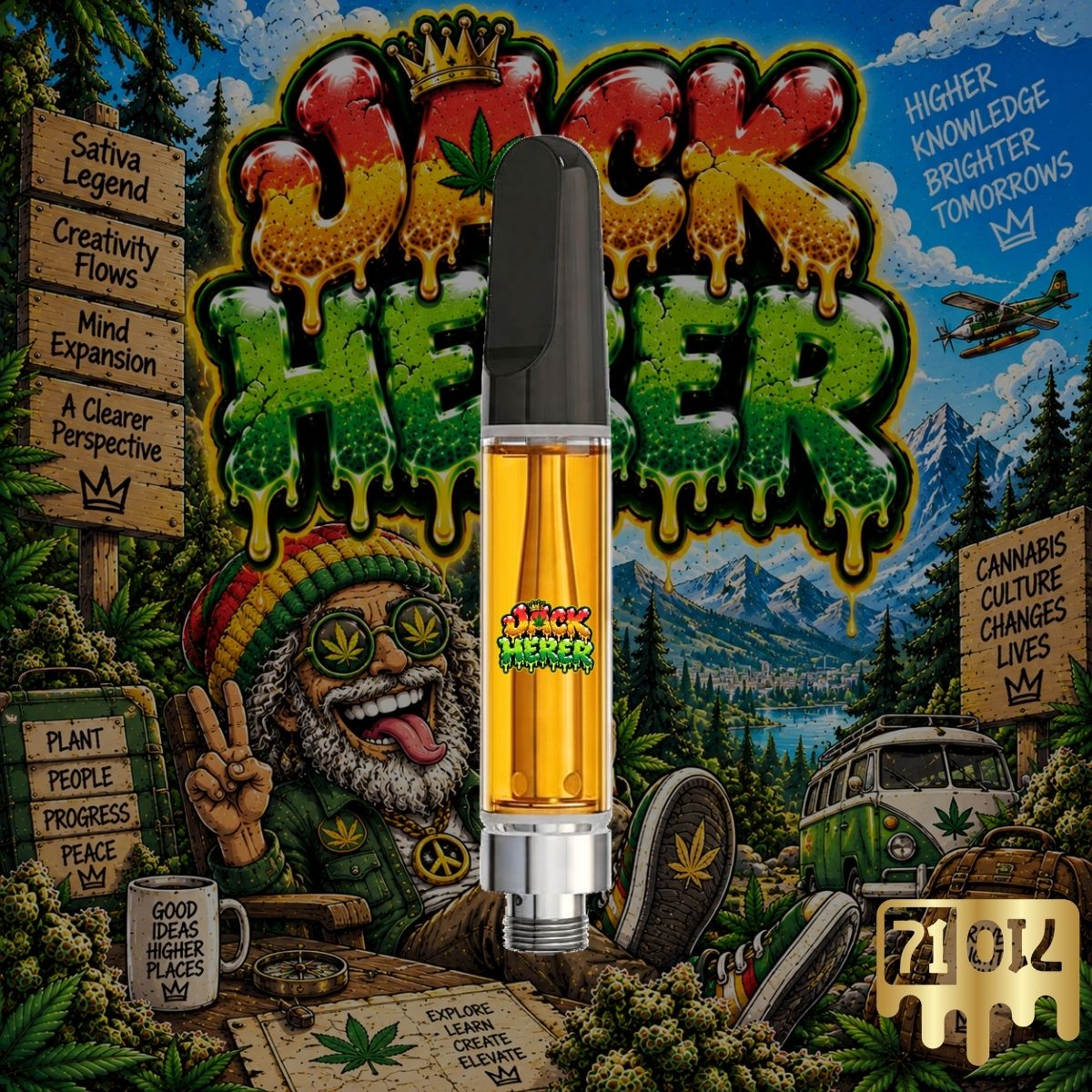 Jack Herer THC vape cartridge with golden oil and colourful cannabis artwork