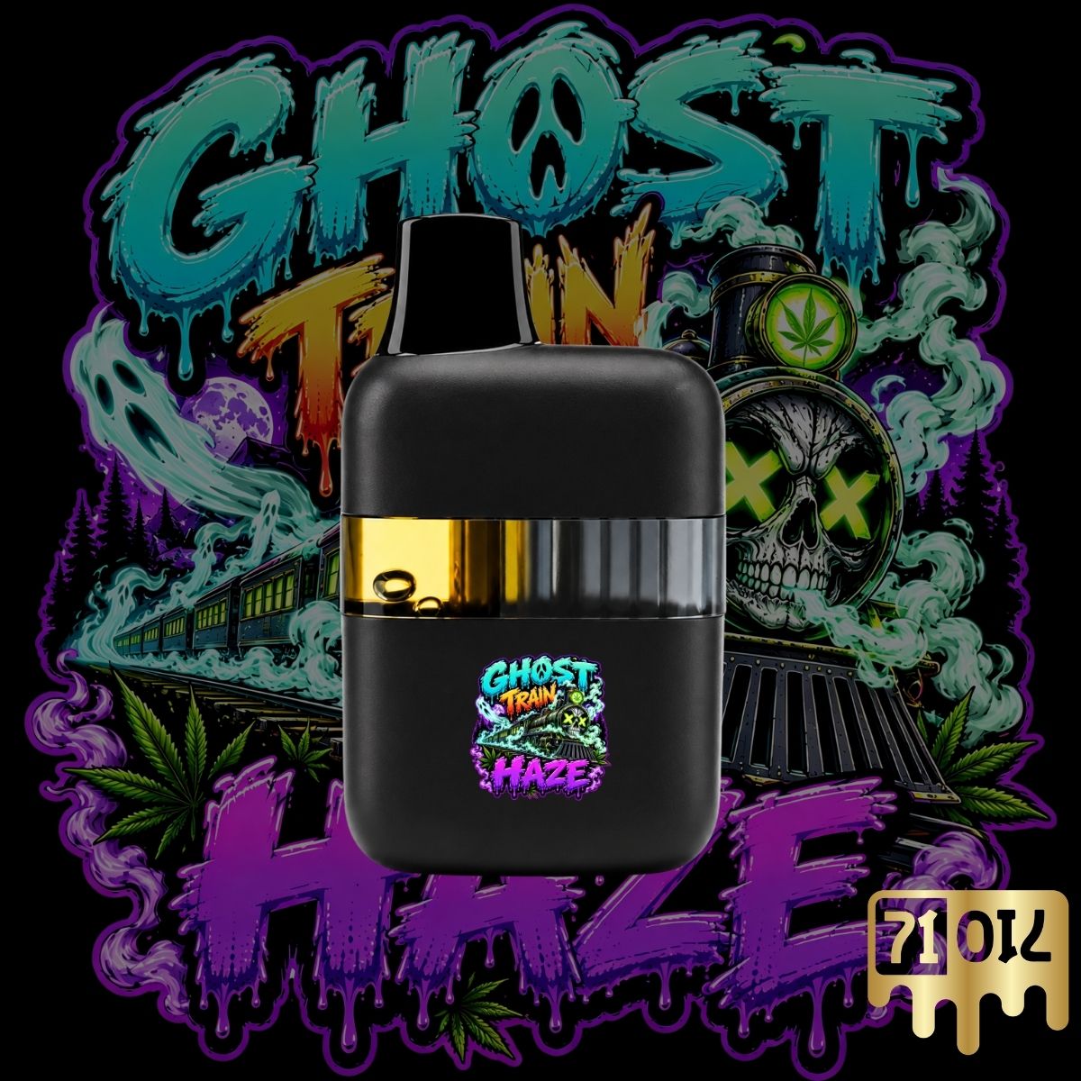 71oil Ghost Train Haze vape pen with black device and ghost train artwork.