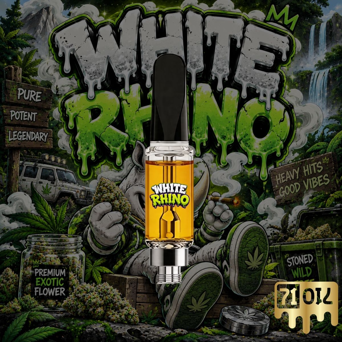 71oil White Rhino vape cartridge with golden oil and cannabis strain artwork.
