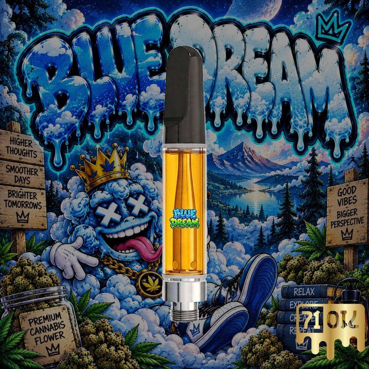 Blue Dream THC vape cartridge with golden oil and blue cannabis strain artwork