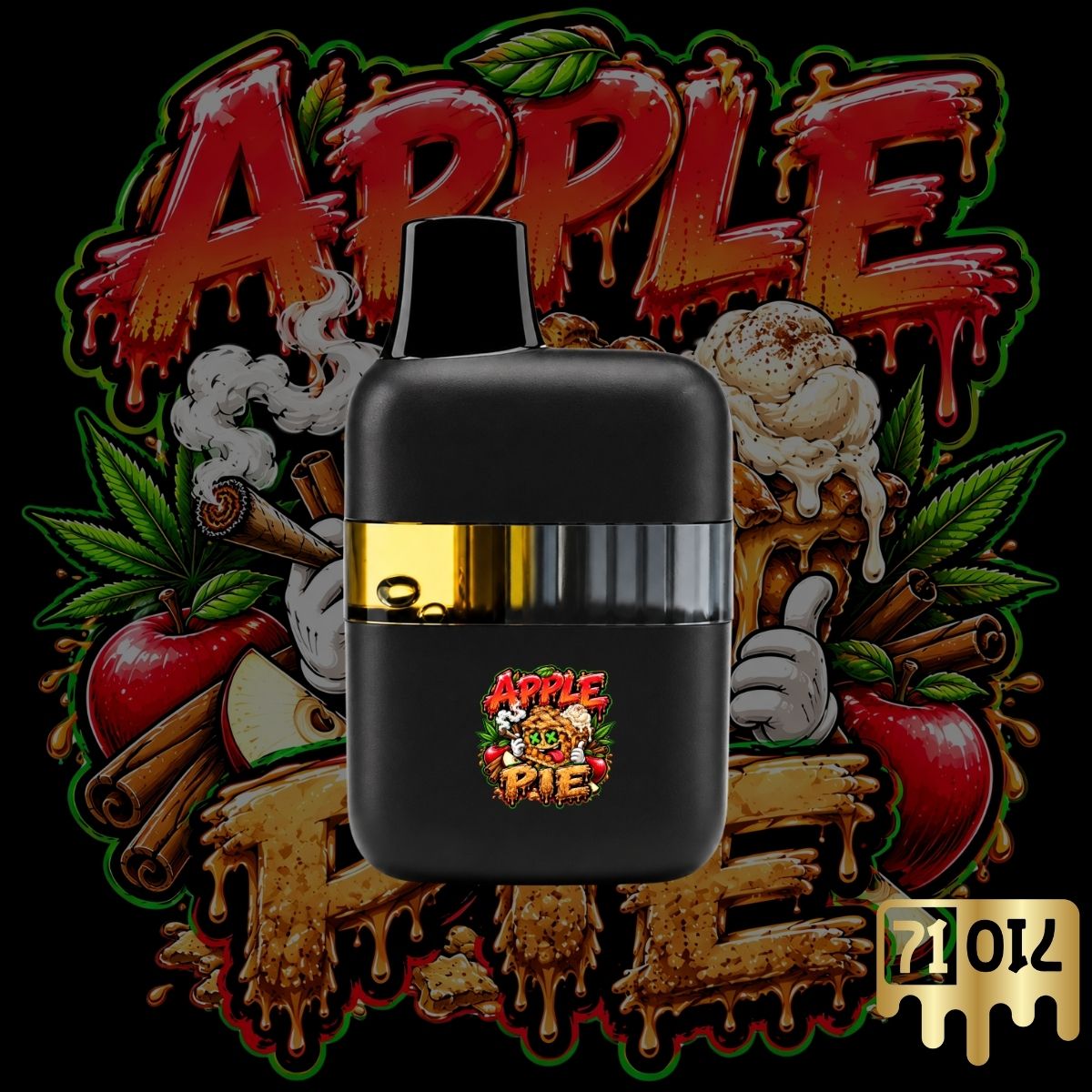 71oil Apple Pie vape pen with black device and apple dessert strain artwork.