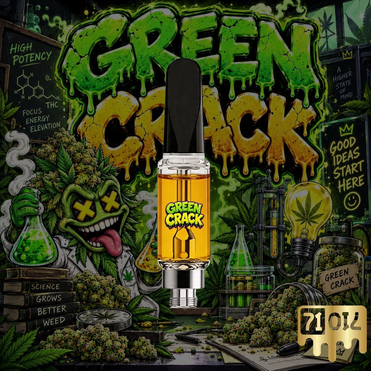 71oil Green Crack vape cartridge with golden oil and bright green cannabis strain artwork.
