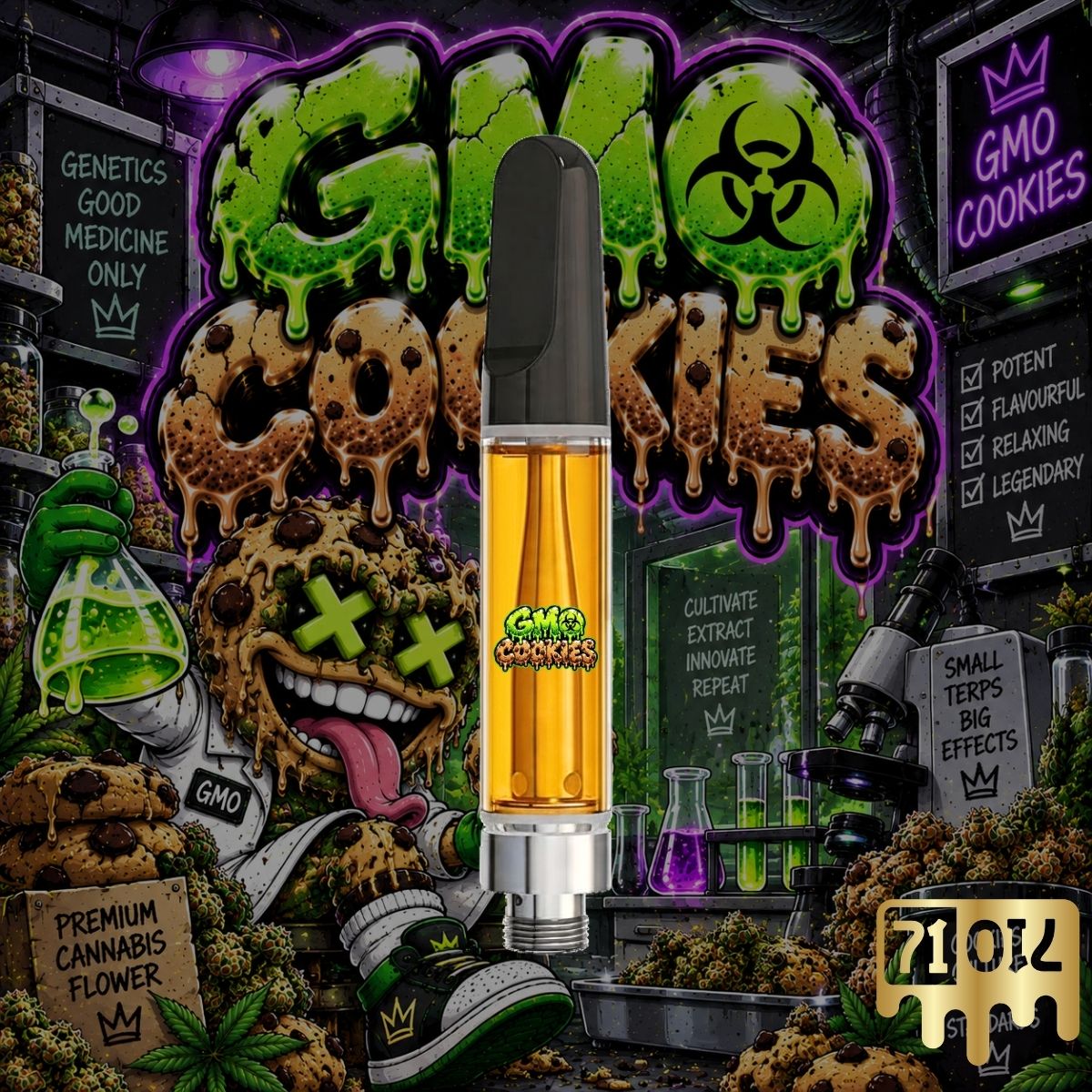 GMO Cookies THC vape cartridge with golden oil and cannabis cookie artwork