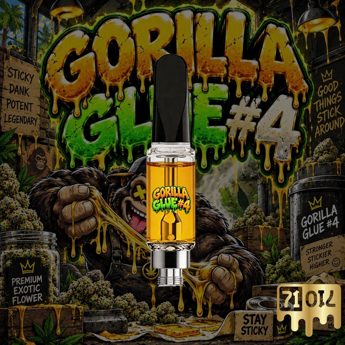 71oil Gorilla Glue #4 vape cartridge with golden oil and sticky cannabis strain artwork.