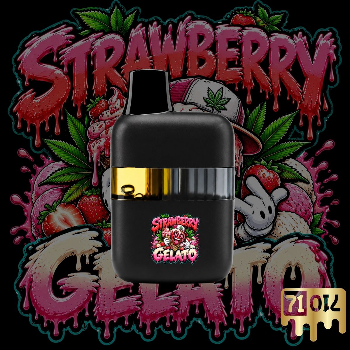71oil Strawberry Gelato vape pen with black device and strawberry dessert artwork.