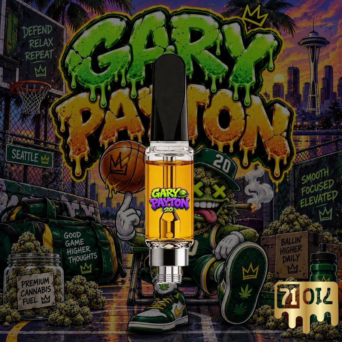71oil Gary Payton vape cartridge with golden oil and basketball-themed cannabis artwork.