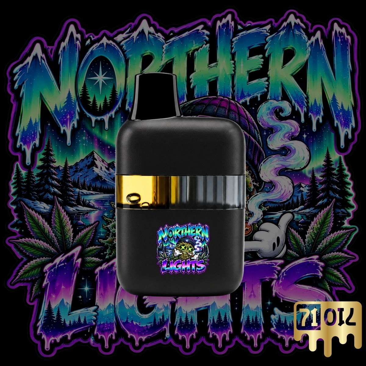 71oil Northern Lights vape pen with black device and aurora-inspired strain artwork.