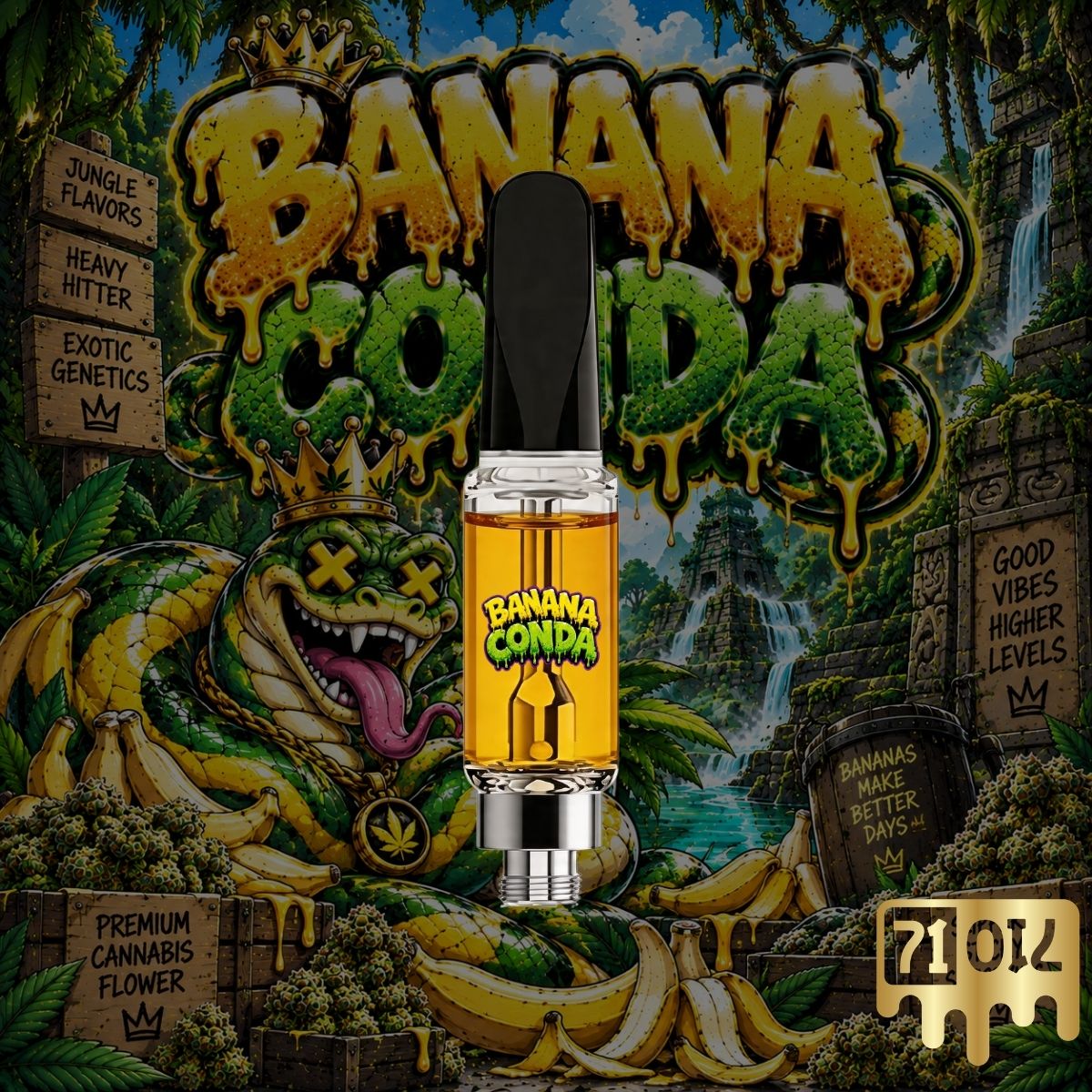 71oil Bananaconda vape cartridge with golden oil and tropical banana cannabis artwork.