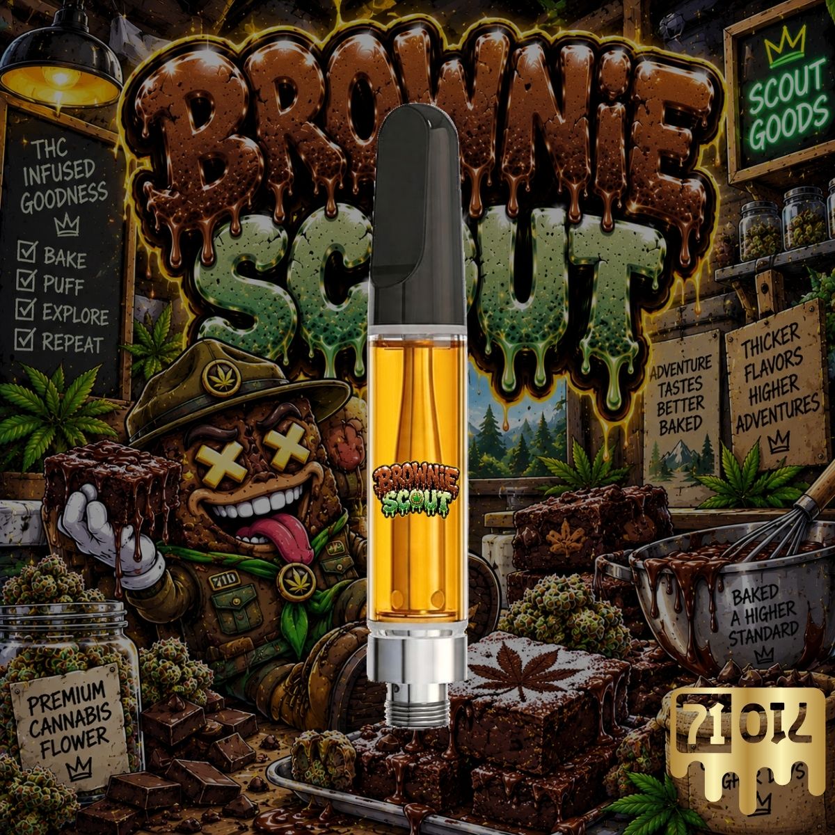 Brownie Scout THC vape cartridge with golden oil and chocolate brownie strain artwork