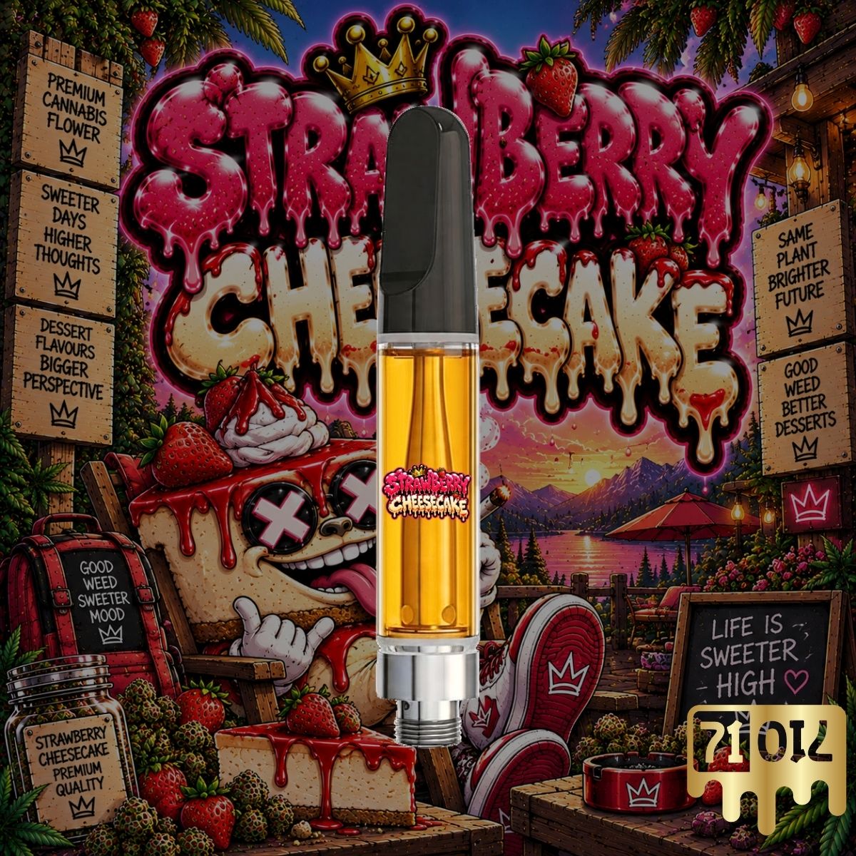 Strawberry Cheesecake THC vape cartridge with golden oil and strawberry dessert artwork