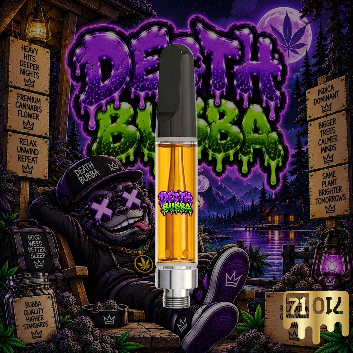 Death Bubba THC vape cartridge with golden cannabis oil and purple strain artwork