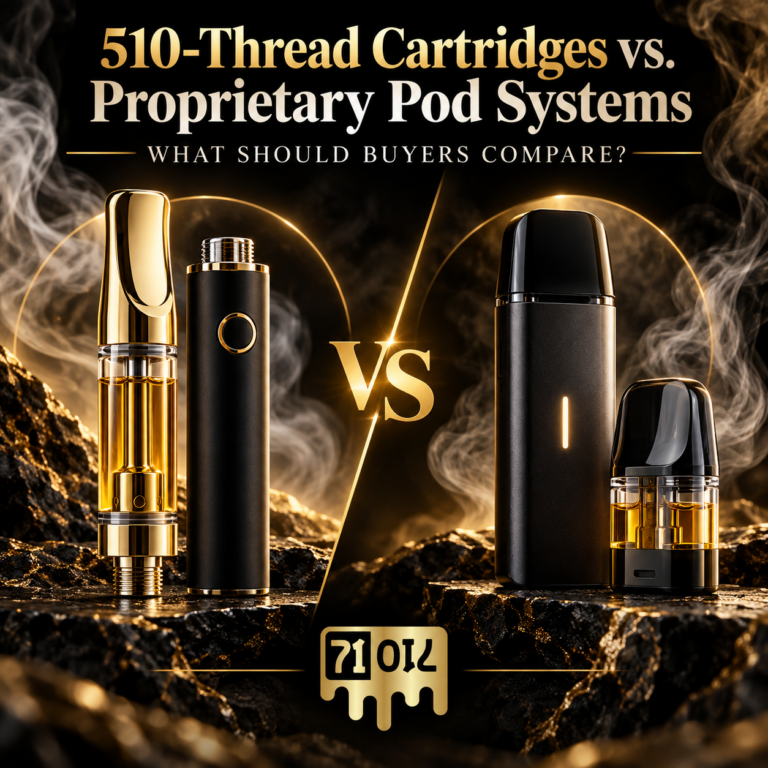 510-thread cannabis cartridge and proprietary pod system shown side by side for comparison