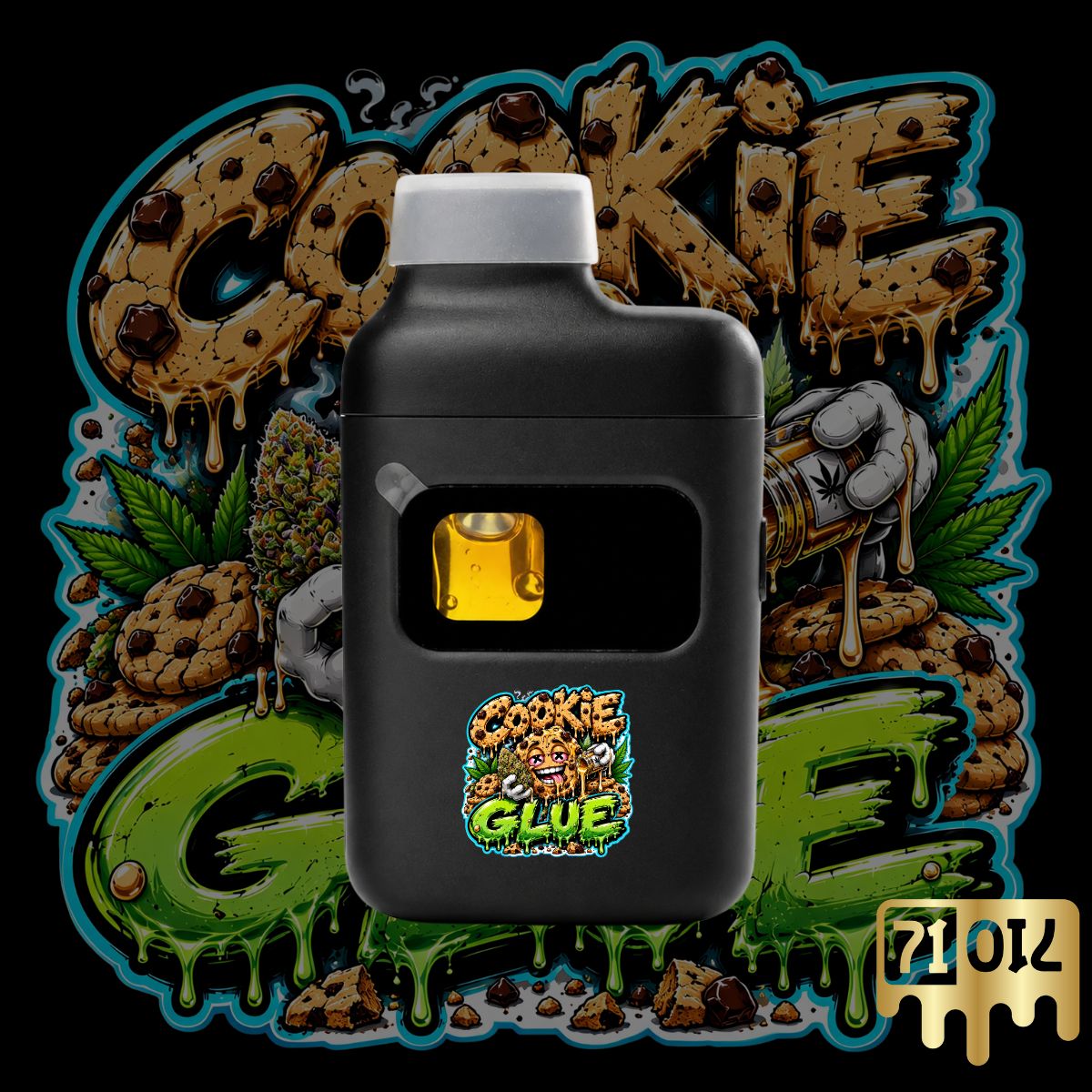 71oil Cookie Glue THC vape pen with golden oil and chocolate chip cookie cannabis artwork.