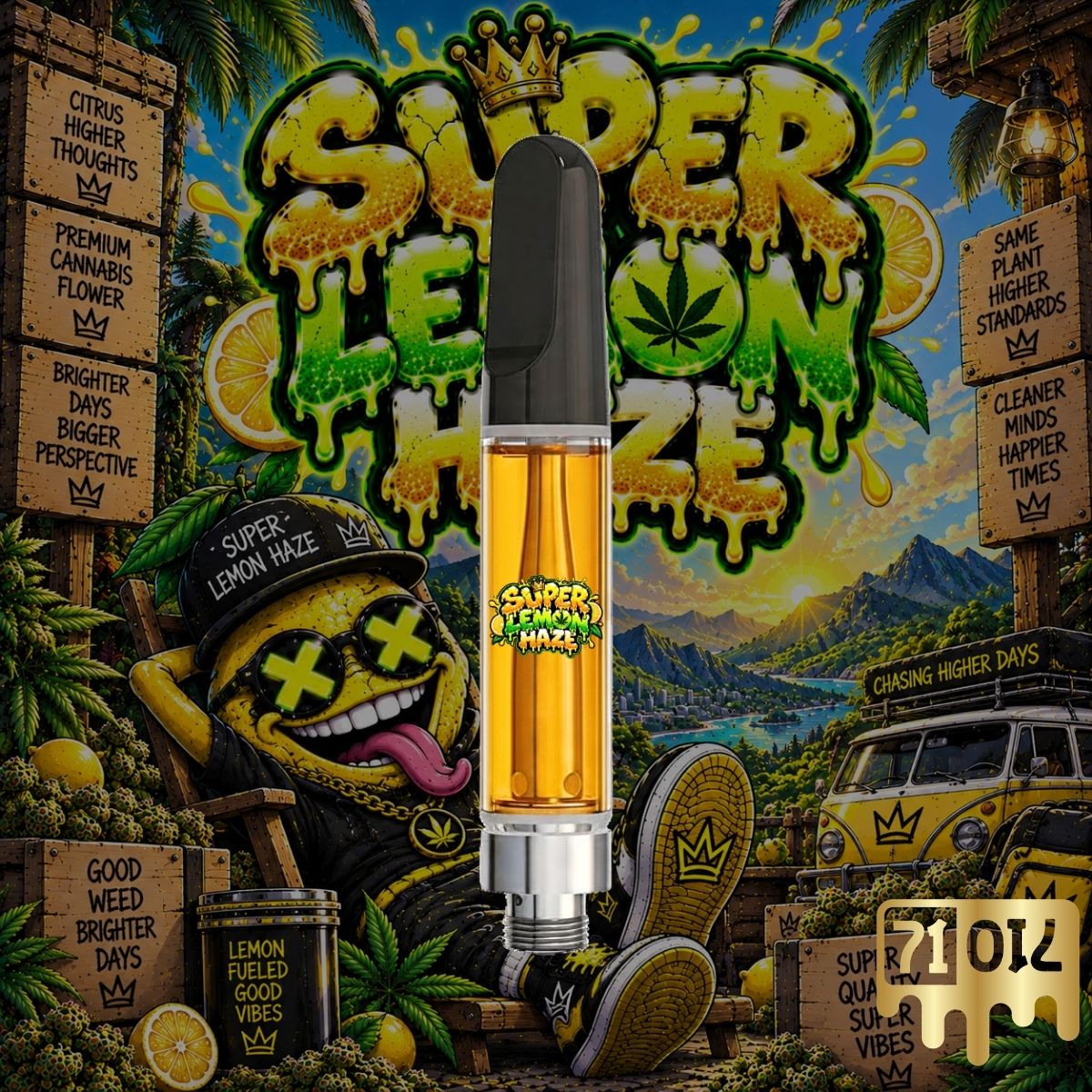 Super Lemon Haze THC vape cartridge with golden oil and lemon cannabis artwork