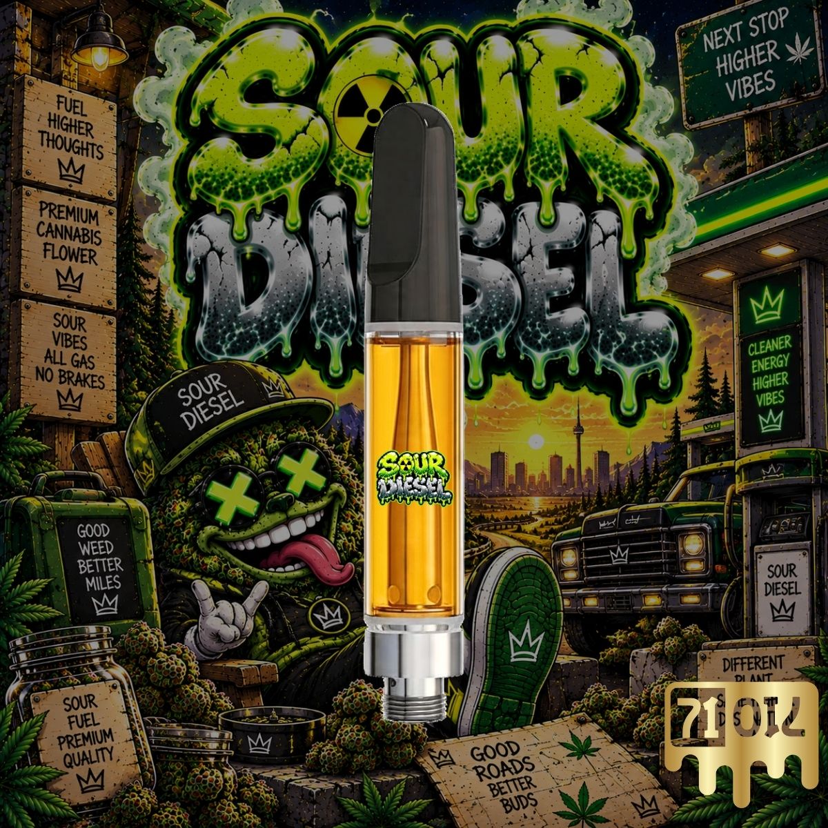 Sour Diesel THC vape cartridge with golden oil and green diesel strain artwork