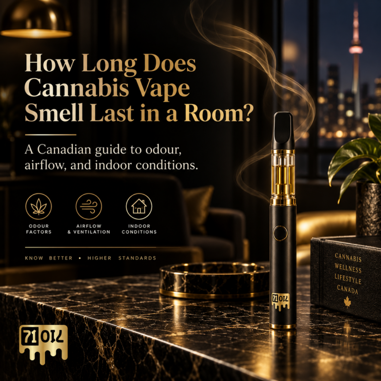 Cannabis vape device in a dark indoor room with subtle aroma and airflow visuals