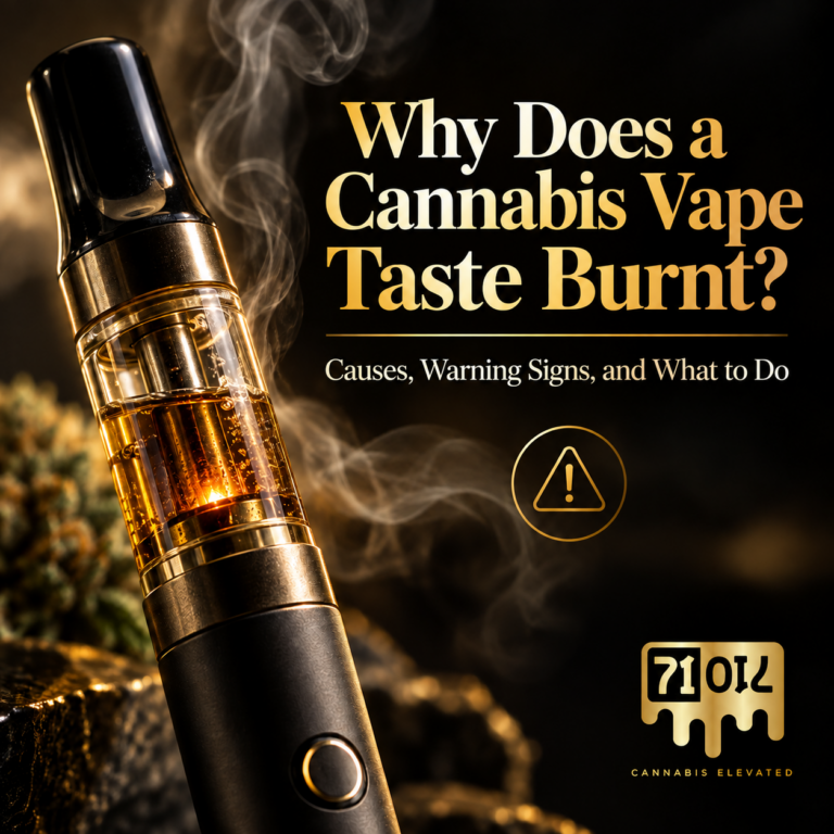 Premium black-and-gold image of a cannabis vape cartridge with smoke for an article about why a cannabis vape tastes burnt.