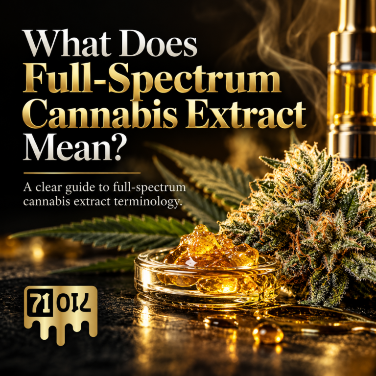 Full-spectrum cannabis extract featured image with cannabis flower, golden extract, vape hardware, and 71 Oil branding.