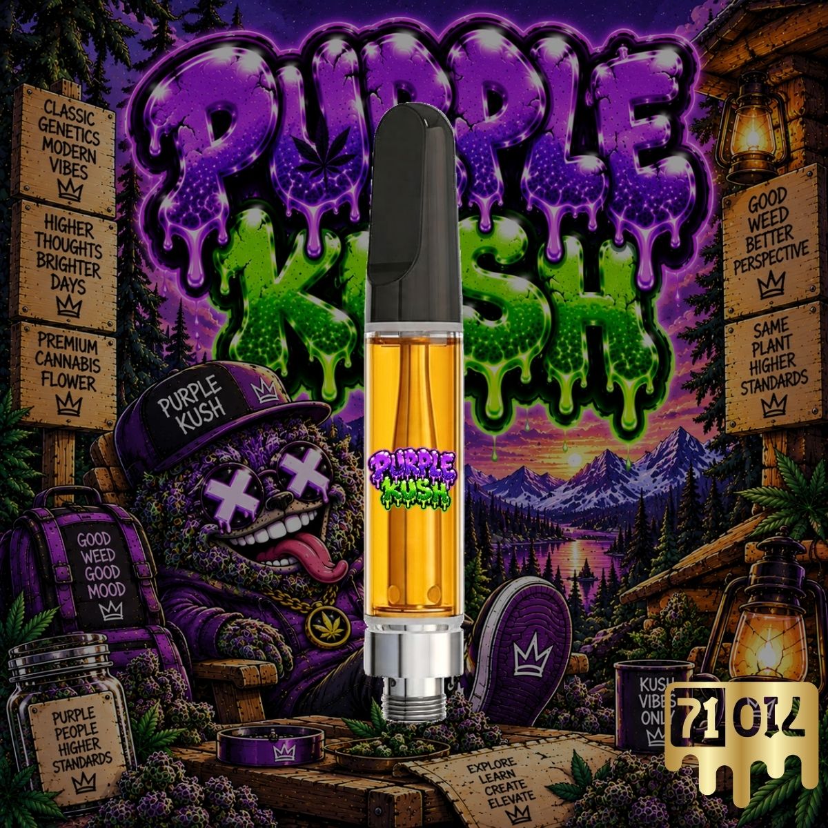 Purple Kush THC vape cartridge with golden oil and purple cannabis artwork