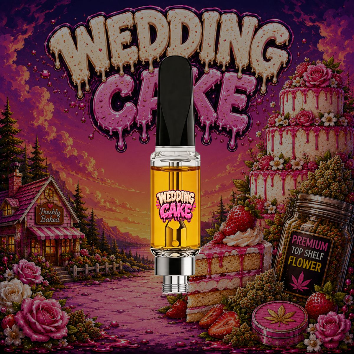 71oil Wedding Cake vape cartridge with golden oil and colorful wedding cake strain artwork.