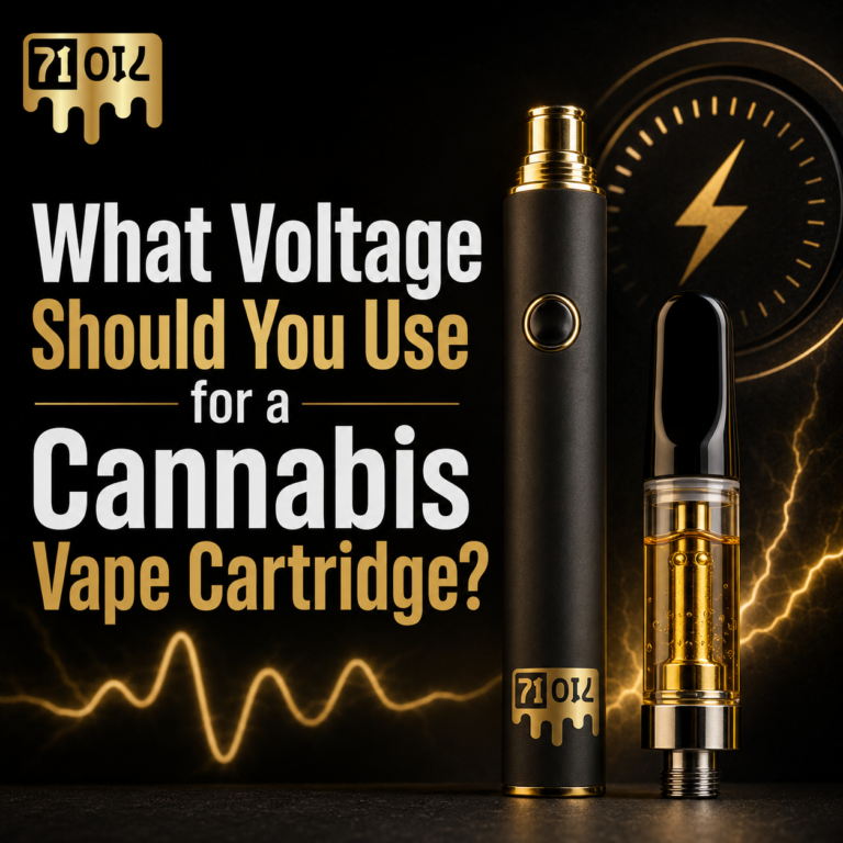 71 Oil cannabis vape cartridge and adjustable battery illustrating cannabis cartridge voltage settings.