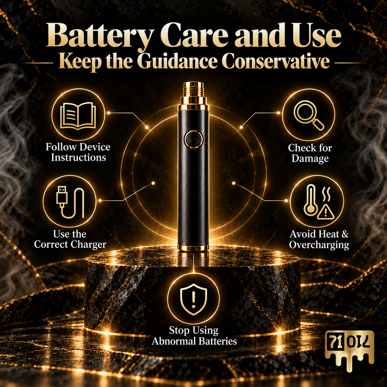 Vape battery care guide graphic showing charging, inspection, device instructions, and safe battery handling reminders