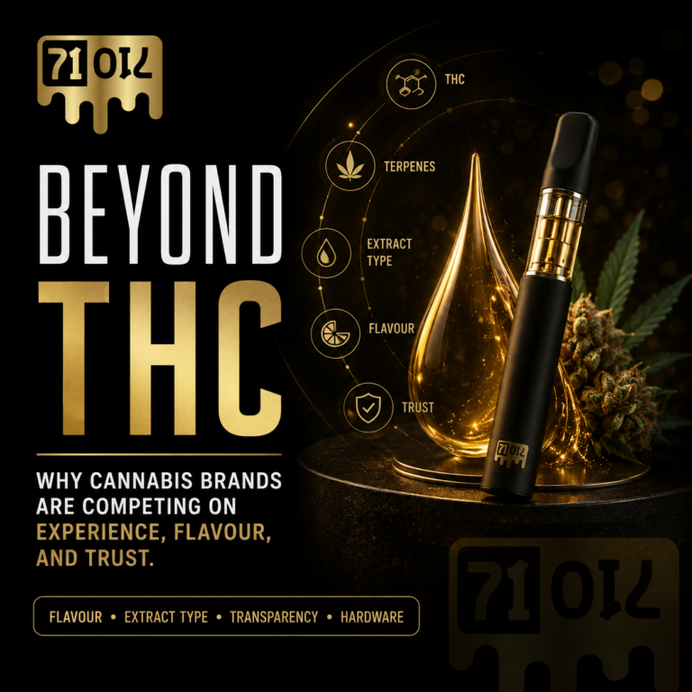 Beyond THC cannabis quality comparison showing flavour, terpenes, extract type, transparency, and vape hardware.