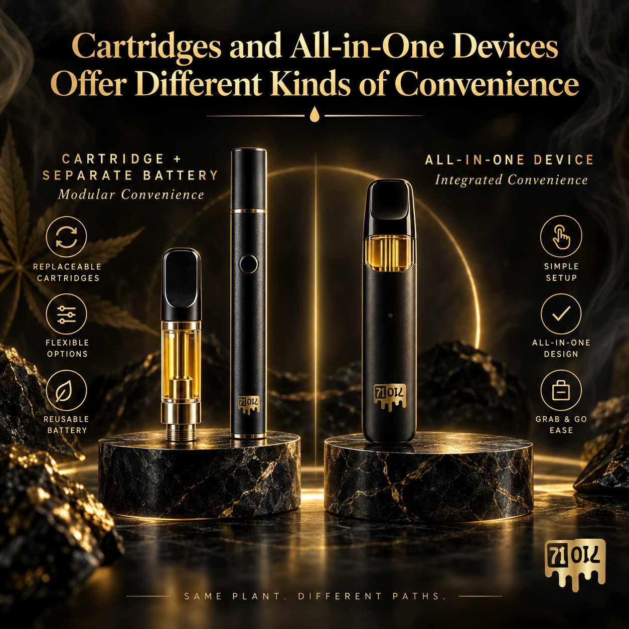Cannabis vape cartridge with separate battery compared with an all-in-one vape device