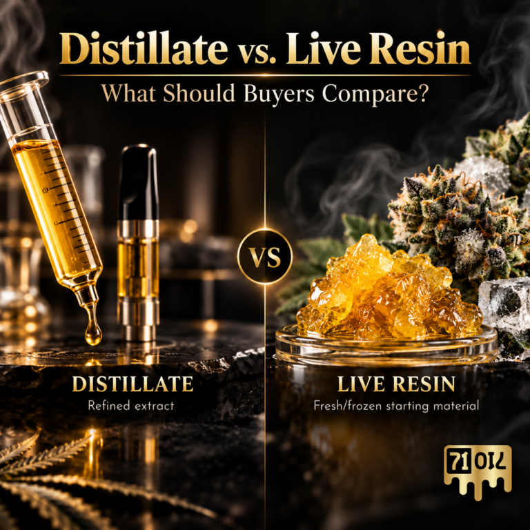 Distillate vs. live resin comparison showing refined cannabis distillate, live resin, cannabis flower, and vape cartridge