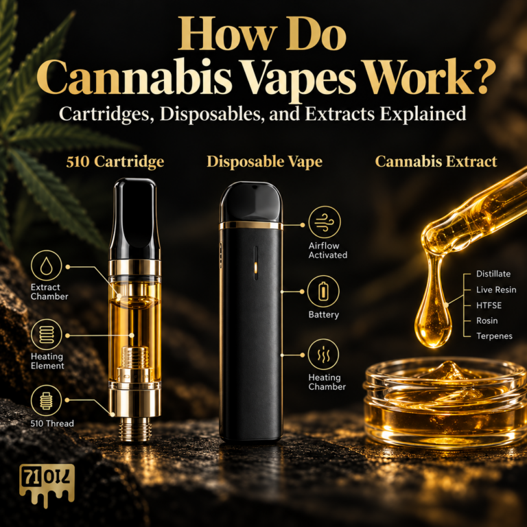How cannabis vapes work, showing a 510 cartridge, disposable vape, and cannabis extracts