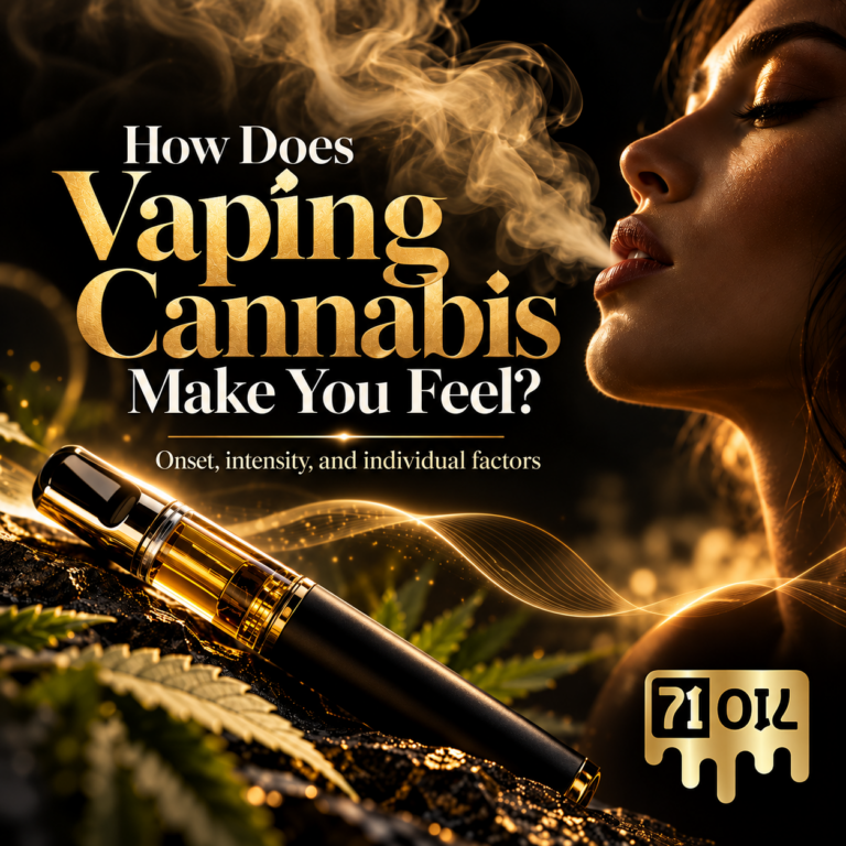 Premium 71 Oil featured image showing a cannabis vape pen, golden smoke, and the title How Does Vaping Cannabis Make You Feel