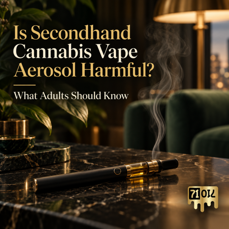Secondhand cannabis vape aerosol dispersing indoors beside a cannabis vape device